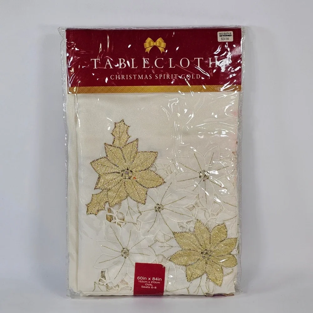 Bed Bath & Beyond Christmas Spirit Gold Tablecloth 60x84 Oval Ivory Poinsettia